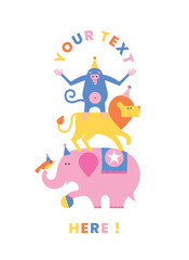 birthday invitation card for children. Editable texte. Circus animals: elephant, monkey and lion. Joyful and colorful vector illustration.