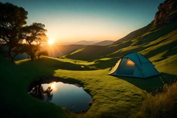 a tent , on the green hills , with flowing stream nearby , sunset view, beautiful evening view, natural landscape