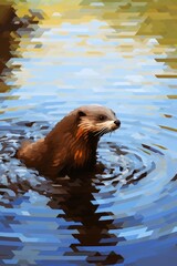 Fototapeta premium A pixelated mosaic of a playful river otter swimming in a pixelated stream.