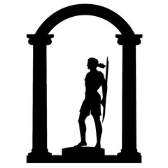 Black silhouette of a women between the pillars on white background.