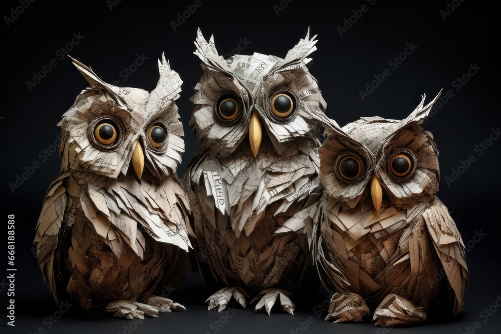 Poster A trio of crumpled newspaper paper owls, each with its own unique features and expressions.