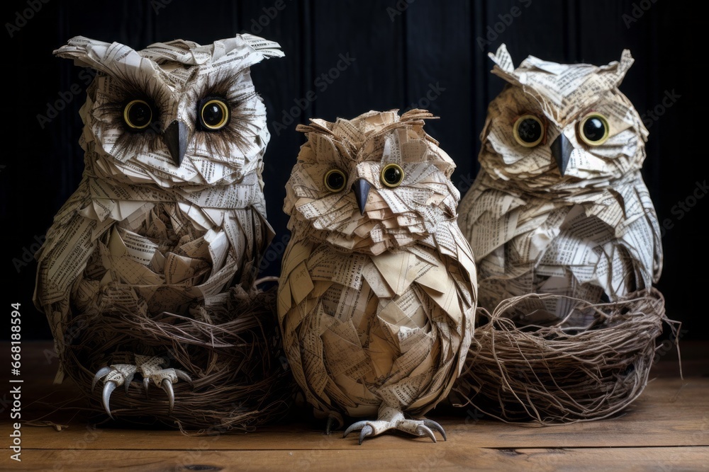 Poster A trio of crumpled newspaper paper owls, each with its own unique features and expressions.
