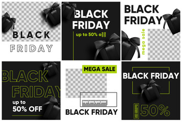 Black friday sale for social media, instagram stories and post, mobile app, banners, cards. Set of 6 posts template with gift box.