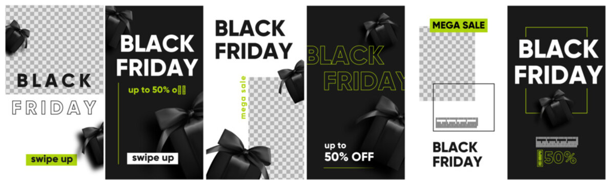 Black friday sale for social media, instagram stories and post, mobile app, banners, cards. Set of 6 stories template with gift box.