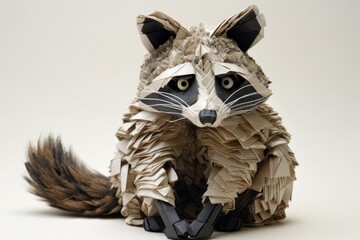 A paper sculpture of a curious raccoon, its expressive eyes and ringed tail recreated with folded newspaper.