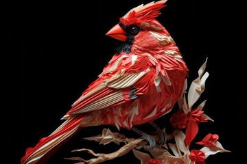 A paper sculpture of a red cardinal, its striking coloration and crest made vivid through crumpled paper. - obrazy, fototapety, plakaty