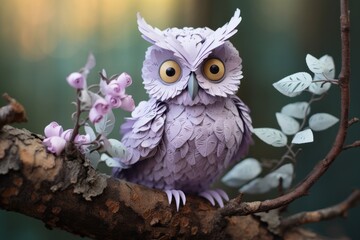 A pastel-lavender paper owl with large, expressive eyes, perched on a pastel-mint green tree branch.