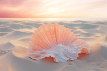 A pastel-coral seashell crafted from crumpled paper, resting on a pastel-peach sandy beach background.