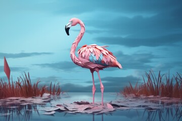 A crumpled paper figure of a pastel-pink flamingo standing elegantly amidst a pastel-blue marsh.
