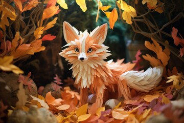 A crumpled paper figure of a pastel-orange fox, its bushy tail and cunning eyes set against a pastel-cream forest backdrop. - obrazy, fototapety, plakaty