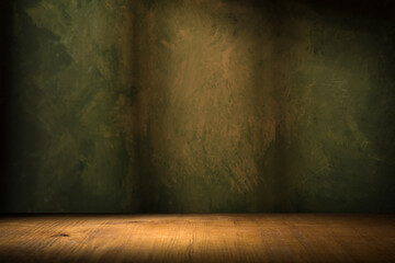 wood table green wall background with sunlight window create leaf shadow on wall with blur indoor...