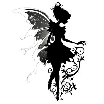 Black silhouette of a fairy on dark background.