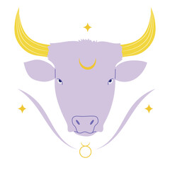 Bull or Taurus, second zodiac sign in astrology, guided by the Moon. Isolated vector illustration