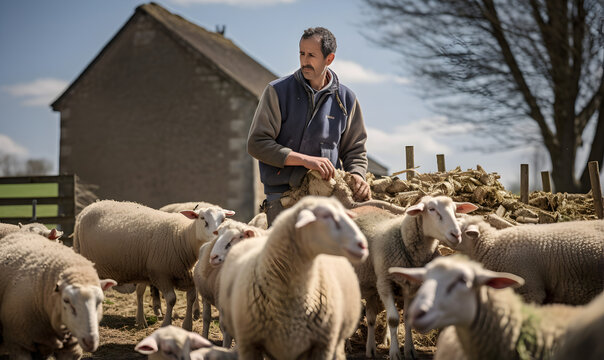 berger en train de tondre des mouton pour r&eacute;colter de la laine	