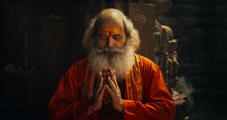 Slow-Motion Close-Up of Old Indian Monk Chanting in an Ancient Temple. The Senior Guru Sings Religious Songs, Humbly Chating Sacred Mantras, Showing Devotion and Love in Moment of Emotional Worship - obrazy, fototapety, plakaty