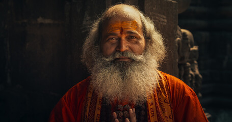 Portrait of a Senior Hindu Monk Looking at the Camera and Smiling in an Ancient Temple. Friendly...