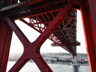 Low angle shot of the 25 April bridge in Lisbon, Portugal