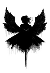 Black silhouette of a woman as angel on white background.
