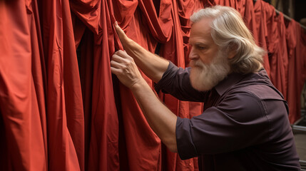 Obraz premium Mystical portrait of an adult man Santa Claus with a white beard and mustache among red silk fabric sewing his suit. Merry Christmas and Happy New Year. Wallpaper, illustration, background.