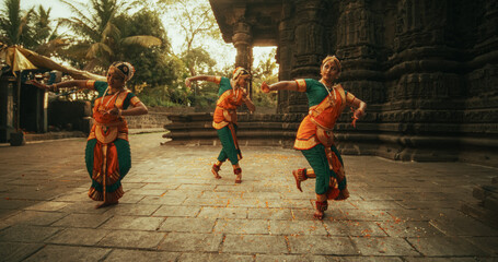 Dramatic Performance Done by Indian Girls Practicing the Art of Bharatanatyam in an Ancient Temple....