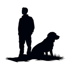 Black silhouette of man and dog on white background.