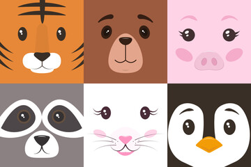 Cute pet faces flat illustration set for childish product design