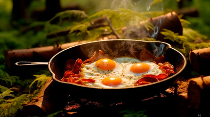 Eggs prepared with vegetables on a frying pan on the fire in the forest. Cooking scrambled eggs over an open fire. Breakfast in nature. Tourist food. AI Generated