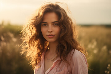 Naklejka premium Smiling Woman Enjoying Sunset in Natural Landscape