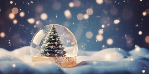 Foto op Aluminium Festive merry christmas scene decorations. Twinkling trees and snowy delights. Magical winter. Shimmering ornaments and spheres. Sparkling ornaments and snowflakes © Bussakon