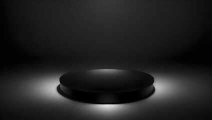 Black Round Podium with Spotlight on a Black Background. Empty Black Stage for Product Presentations. 