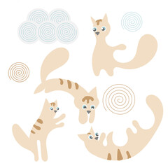 Set with red tabby kittens or cats, a ball of thread and a cloud. Suitable for stickers, patterns, logos, business cards, corporate identity, grooming salons