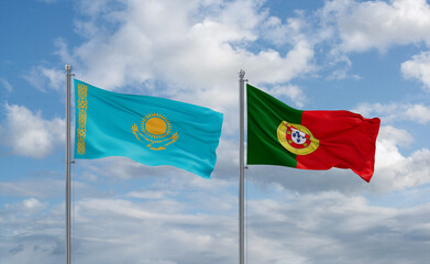 Portugal and Kazakhstan flags, country relationship concept