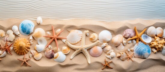 Obraz premium Birds eye view of a sandy beach with seashell and starfish imprints as textured backdrop