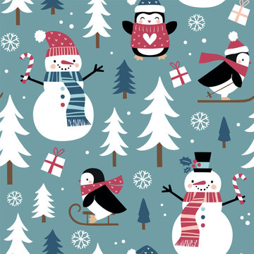 Seamless vector pattern with cute winter penguins, snowmen, snowflakes and pine trees. Hand drawn  Christmas wallpaper design. Perfect for textile, wallpaper or nursery print design.