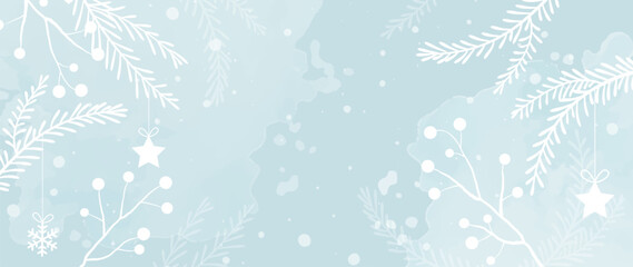 Winter botanical watercolor leaves branches background vector illustration. Hand painted watercolors of foliage, snowflakes, spruce. Design for poster, wallpaper, banner, card, decoration.