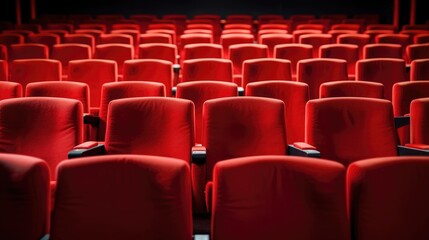 Close up of rows of red theatre seats at a cinema hall, front view