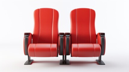Fototapeta premium Two red cinema theater chairs front view on isolated white background