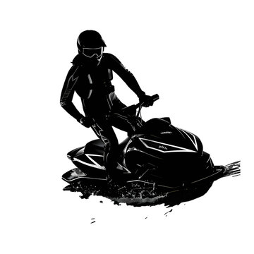 recommend clip art: Black silhouette of a man on a jet ski on white background.