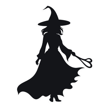 Black silhouette of a witch on white background.