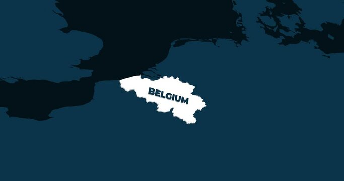 World Map Zoom In To Belgium. Animation in 4K Video. White Belgium Territory On Dark Blue World Map