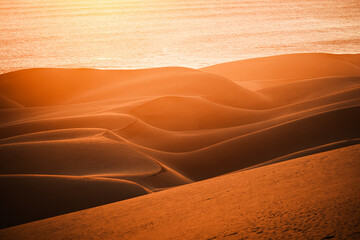 Closeup of curvy dunes at sunset in Namib Desert, south of Walvis Bay in the Namib-Naukluft...