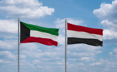 Yemen and Kuwait flags, country relationship concept