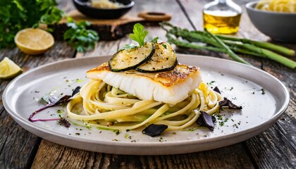perfectly cooked cod fillet served on tagliatelle pasta with black fermented garlic and zucchini carpaccio, Generated image - obrazy, fototapety, plakaty