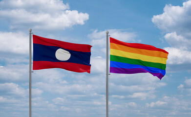 Gay Pride and Laos flags, country relationship concept