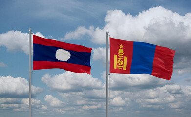 Mongolia and Laos flags, country relationship concept