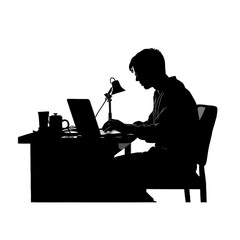 Black silhouette of a man working at a desk on white background.