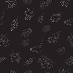 Seamless pattern. Autumn leaves in thin lines on a black background. High quality vector illustration.
