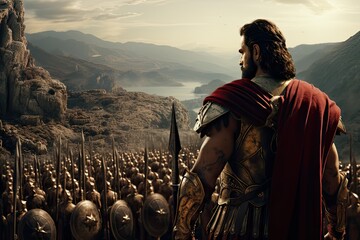 King Leonidas from backview standing front of 300 spartan soldier. - obrazy, fototapety, plakaty