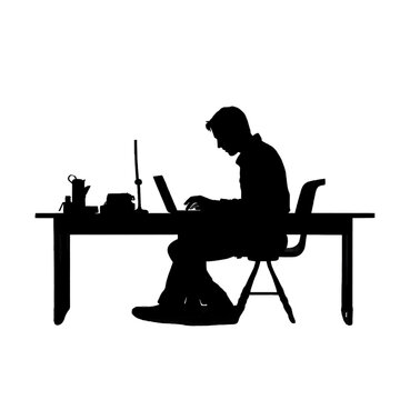 recommend clip art: Black silhouette of a man working at a desk on white background.