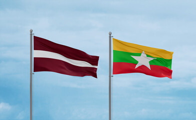 Myanmar and Latvia flags, country relationship concept